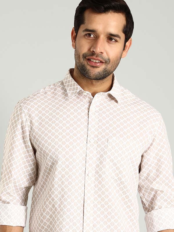 Indian Terrain Men's Regular Fit Full Sleeve All Over Print Off White Shirt